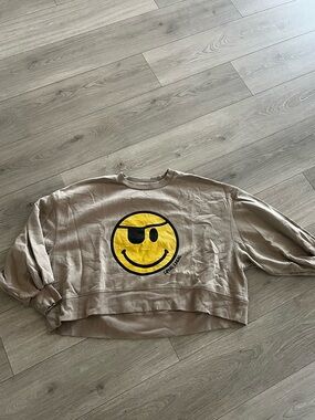 Altar'd State Beige Pullover with Yellow Smiley Graphic